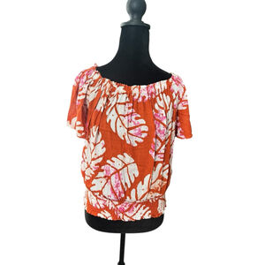 Nicole Miller Orange & White Leaf Print Off-Shoulder Blouse S